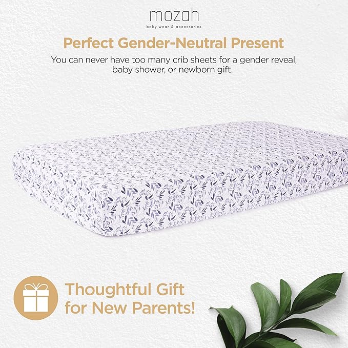 MOZAH Organic Muslin Crib Sheets, Soft and Breathable Bedding for Baby Girls or Boys, Snug Fitted Sheet for Standard Cribs & Toddler Mattresses, 2 Pack, Blue and Blue Leaves