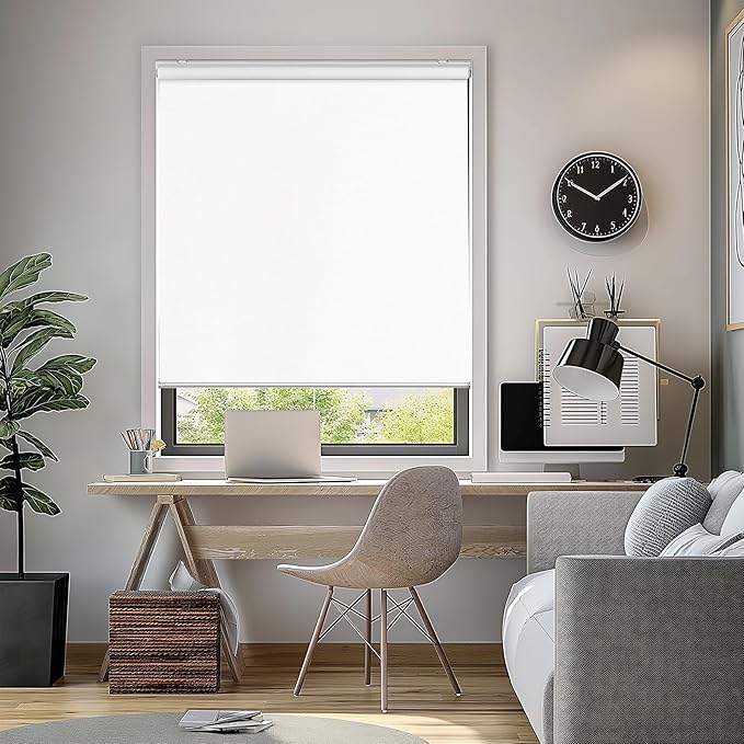 ChrisDowa Cordless 100% Blackout Roller Shade Thermal Insulated UV Protection with Striped Jacquard Fabric White Blackout Blinds for Indoor Window Shades Pull Down for Home and Office, 22" W x 72" H