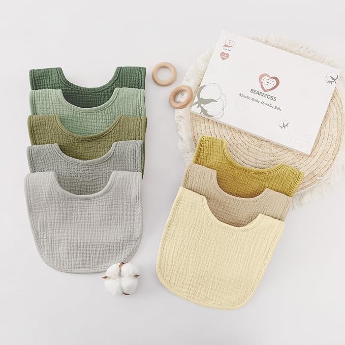 Bearmoss Baby Muslin Drooling Bibs 100% Cotton Square Adjustable Bibs Gift for Baby Girls Boys Teething Drool 8 Pack