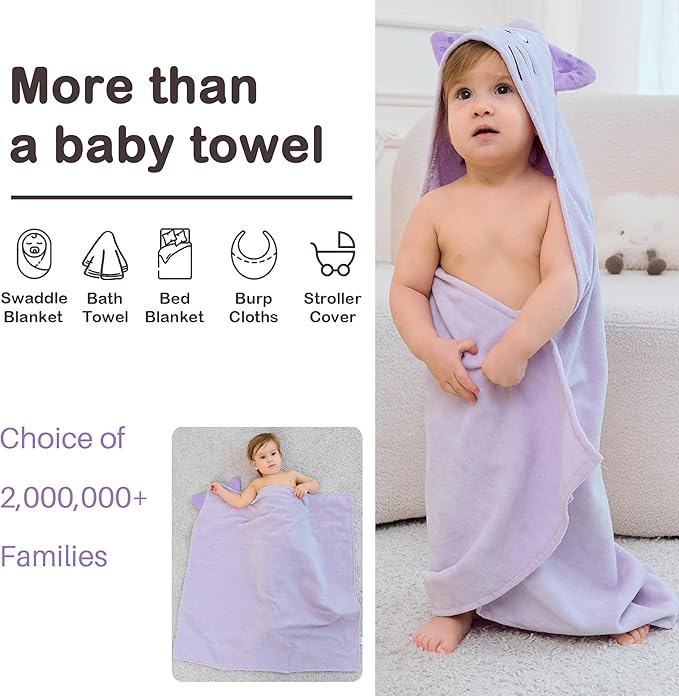 Viviland 2 Pack Hooded Baby Towels, Soft 100% Cotton Baby Bath Towels with Hood, Extra Thick and Absorbent, Essential for Newborns, Kids, Infants - Girls and Boys (Sheep & Purple Cat)