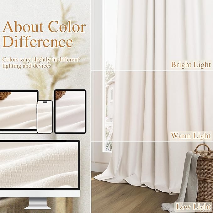 Guken Ivory 100% Blackout Linen Curtains 96 Inch Length 2 Panels Set for Living Room Bedroom Back Tab Thermal Insulated Black Out Drapes Room Darkening Window Curtains 40 Wide