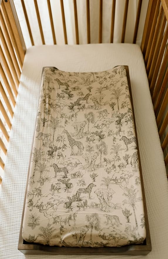 Oilo Changing Pad Cover, Breathable Organic Cotton Fitted Jersey, 300 Thread Count, Machine Wash, Fits Standard Changing Pads (32" x 16"), Heirloom Organic Collection, Vintage Safari