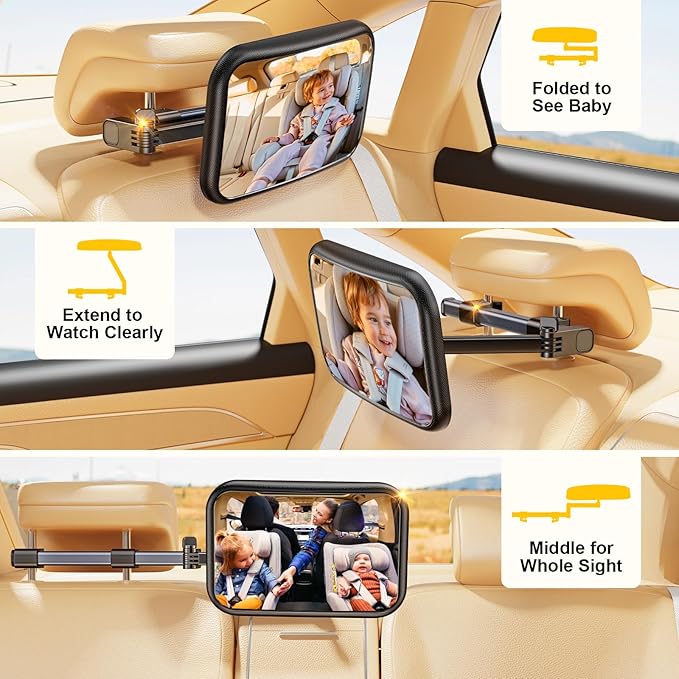 Baby Car Mirror, Stretchable 360° Caring Baby Mirror for Car Seat Rear Facing Seat Infant Shatterproof, Baby Essentials for Newborn, Crash Tested and Certified