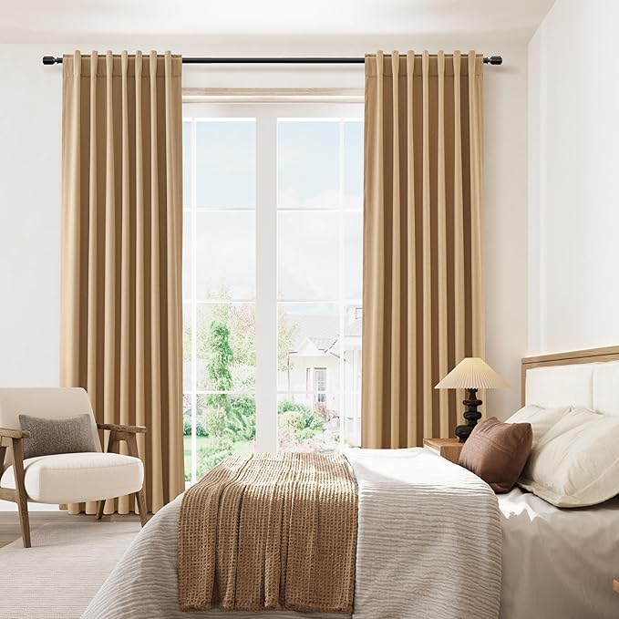 Guken 100% Blackout Linen Curtains 72 Inch Length 2 Panels Set for Living Room Bedroom Back Tab Thermal Insulated Black Out Linen Drapes Room Darkening Window Curtains,Camel Brown