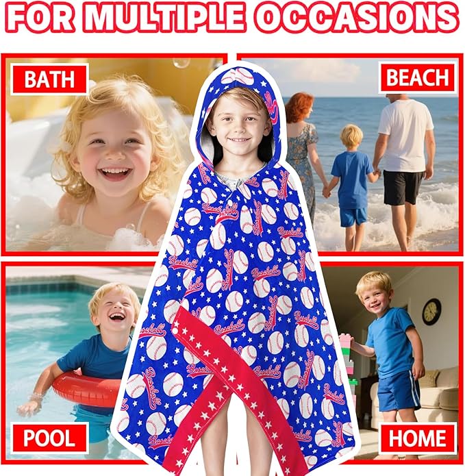Hooded Beach Towel for Kids 3-10 Years - Soft Thick Cotton Baseball Toddler Hood Bath Towels/Pool Terry Towel Poncho Wrap Absorbent Cute Bath & Swim Wrap for Boys & Girls Beach Essentials -Blue