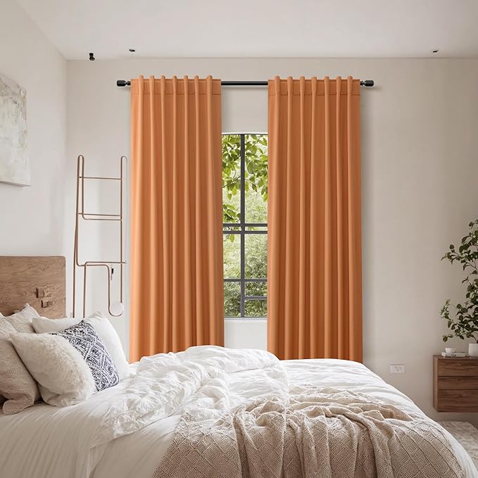 Guken Orange 100% Blackout Curtains 90 Inch Length 2 Panels Set for Living Room Bedroom Back Tab Thermal Insulated Black Out Linen Drapes Room Darkening Window Curtains 90 Inches Long