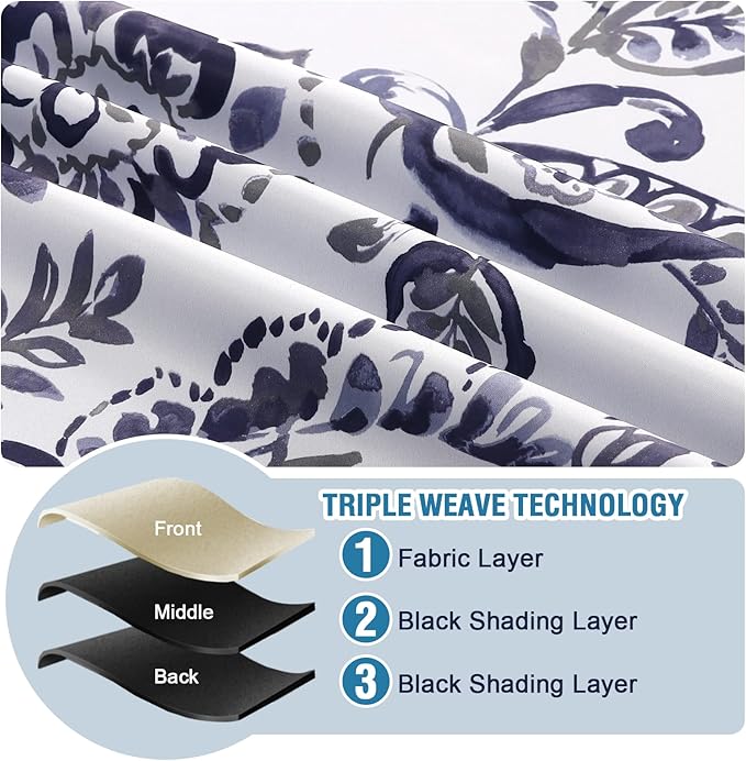 H.VERSAILTEX 100% Blackout Curtains for Bedroom Paisley Floral Printed Curtains 96 Inches Long Grommet Curtains & Drapes Thermal Curtains Window Treatments with Black Liner 2 Panels, Navy