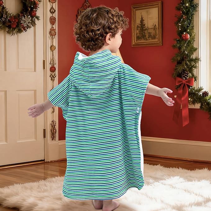 VOOVA & MOVAS Double-Layered Baby Hooded Towel Poncho (2-4 Years, 20x21 Inches) | Ultra Soft & Absorbent Cotton | Thick Toddler Bath Towel for Swimming, Beach, Shower & Winter,Green Stripe