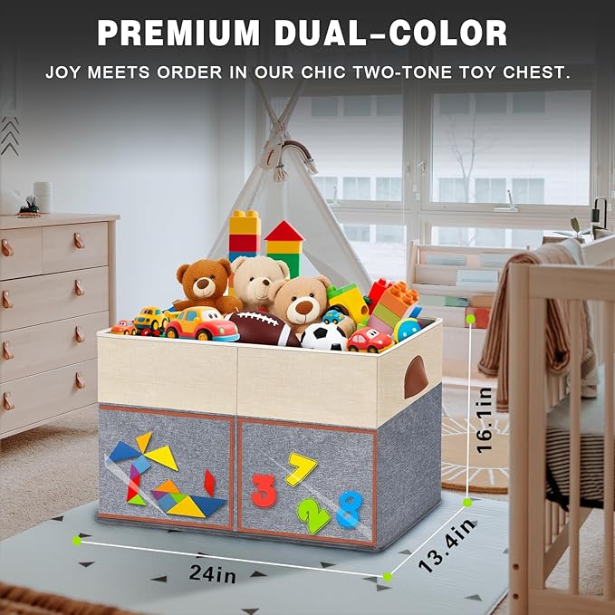 2 Pack Large Toy Storage Box with Clear Lids Collapsible Toy Organizer Chest with Adjustable Dividers Kids Storage Bin Basket for Boys Girls Living Room Nursery Playroom Closet Beige and Grey