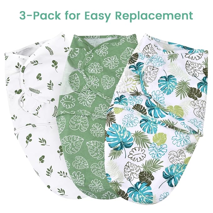 david's kids 100% Cotton 3 Pack Baby Swaddle Wrap for 0-3 Months, Soft Breathable Swaddle Blanket for Newborn Infant, Adjustable Baby Wrap Sleep Sacks for Boys Girls, Newborn Essentials, Leaf
