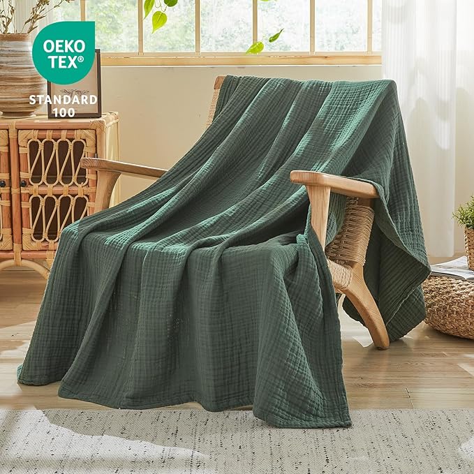EMME Cotton Muslin King Blanket Big Oversized Bed Layering Bedspread Coverlet Breathable Gauze Soft Lightweight Blankets (Forest Green, 120"x94")