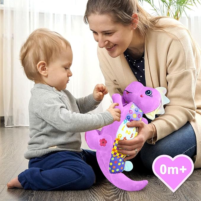 Baby Dino Musical Stuffed Animal Toys for 0-3-6-9-12 Months,Infant Dinosaur Tummy Time Toys with Crinkle Sound Paper,Teether,Textures & Rattles for Newborn Boys Girls Birthday Gifts,Purple