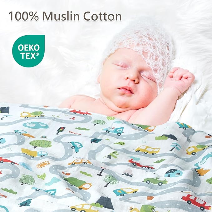 2-Pack 100% Cotton Muslin Swaddle Blankets, Large 47 x 47 Inches — Breathable Soft Receiving Blankets for Newborns, Swaddling Wraps, Baby Essentials, Registry Gift (Worksite Vehicle Set)
