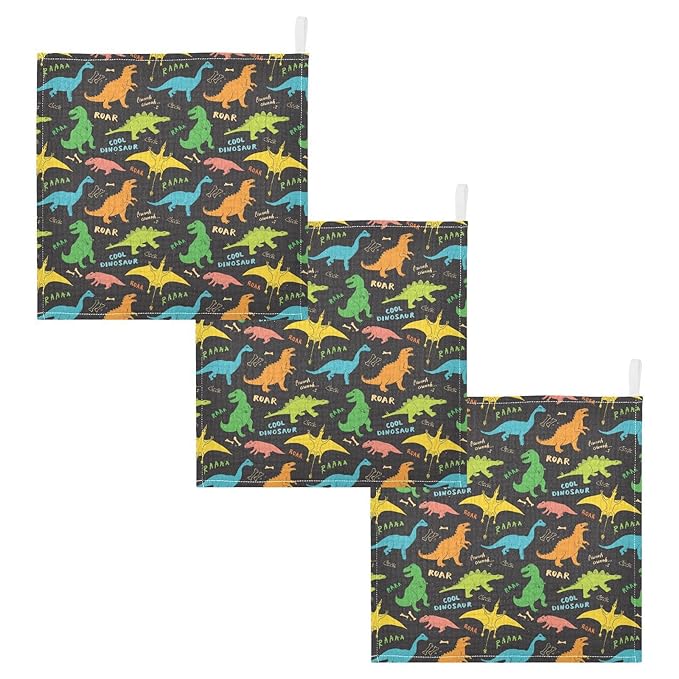 vvfelixl Baby Washcloths Cotton Colored Dino Dinosaurs Baby Muslin Washcloths Soft Baby Face Towel for Newborn Infants, 11.8 X 11.8 Inch, 3 Pack Black