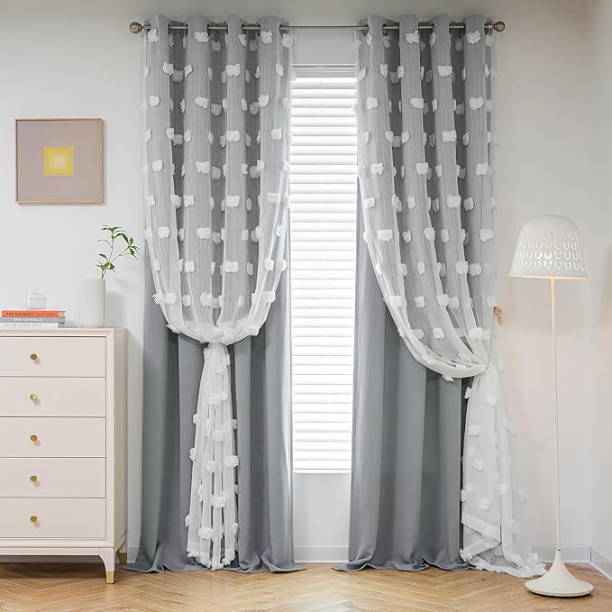 MYSKY HOME 90 Inch Long Grey Curtains for Living Room Double Layer Blackout Curtains for Boys Bedroom White Pom Pom Sheer Curtains for Kids Room Darkening Grommet Top Nursery Window Panels 52 x 90 in