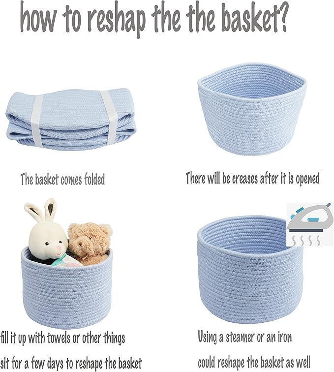 Woven Cotton Storage Baskets - 3-Pack Round Bins (10x10x7'') for Shelves, Closets & Bookcases | Durable Rope Organizers for Nursery, Baby, Toys, Easter & More (blue)