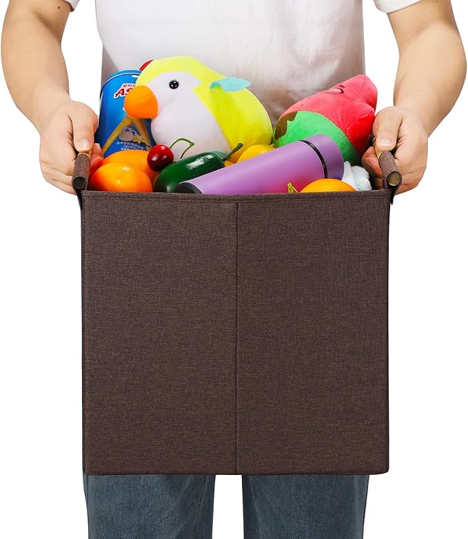 HOONEX Collapsible Storage Bins, 13x13x13 Inches Storage Cubes Linen Fabric, 3 Pack, Storage Baskets with Wooden Carry Handles and Sturdy Heavy Cardboard, for Home, Office, Car, Nursery, Brown