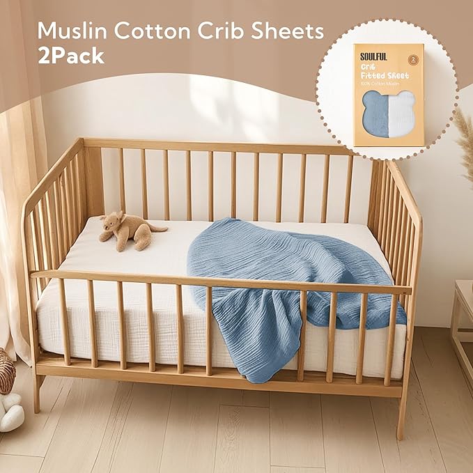 SOULFUL Mini Muslin Crib Sheets for Boys Girls, 2 Pack Soft and Breathable Cotton Fitted Crib Sheets for Standard Crib Mattress (24"x 38", White & Blue)