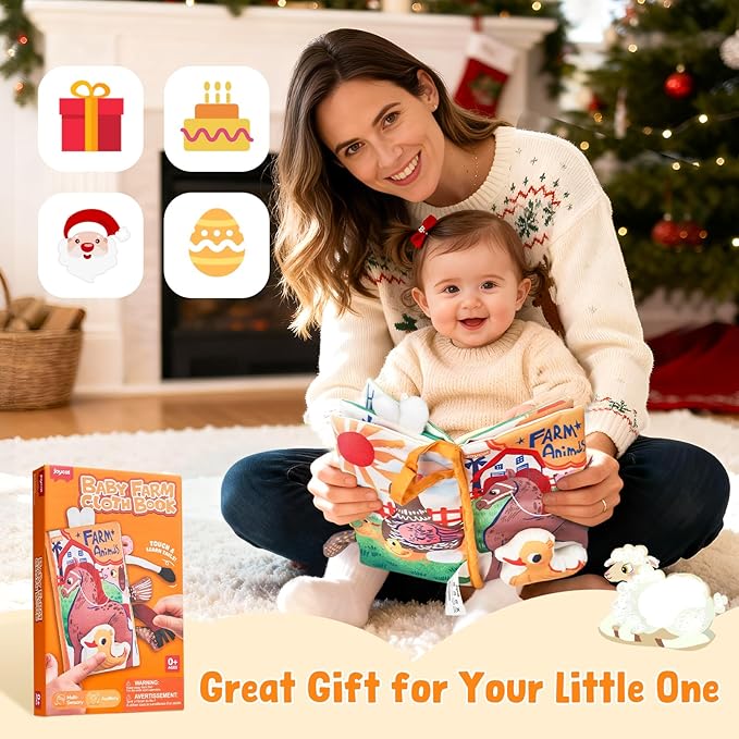 JoyCat Baby Books 0-6-12 Months - Farm Tail Tummy Time Toys - Sensory Touch & Feel Crinkle Cloth Book with Detachable Duck - Newborn Valentine Easter Basket Stuffers