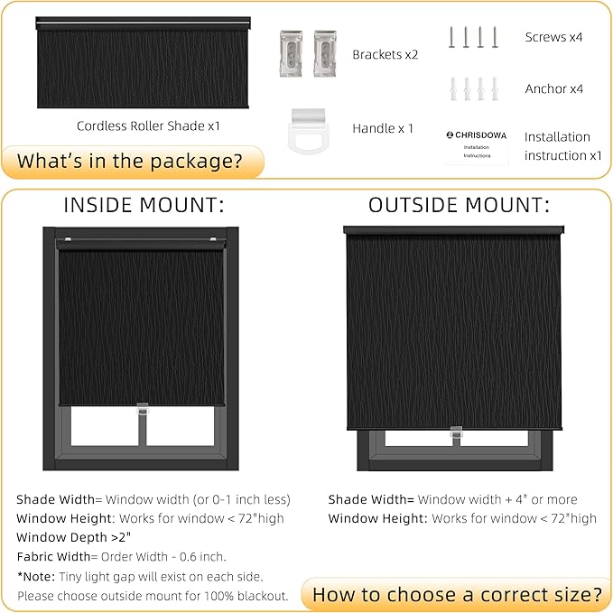 ChrisDowa Blackout Roller Shades for Windows, Striped Pattern Cordless Pull Down Door Blinds with Privacy, Thermal Insulated Window Shades for Living Room, Home and Office. Black, 52" W x 72" H