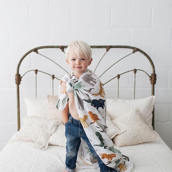 Little Unicorn Muslin Swaddle Blanket for Newborns & Infants | Soft & Breathable Fabric | Set of 3 Baby Blankets for Swaddling, Nursing, Shower Gifts (Dino Friends)