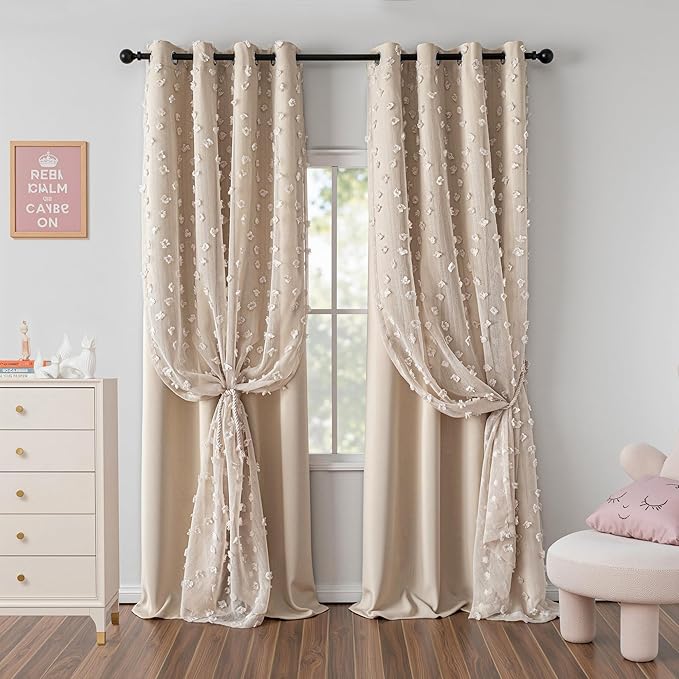 MYSKY HOME Beige Boho Curtains for Living Room 84 Inches Long Blackout Bohemian Curtains 2 Panels Beige Pom Pom Sheer Thermal Insulated Rustic Grommet Privacy Room Darkening Window Drapes 52" x 84"