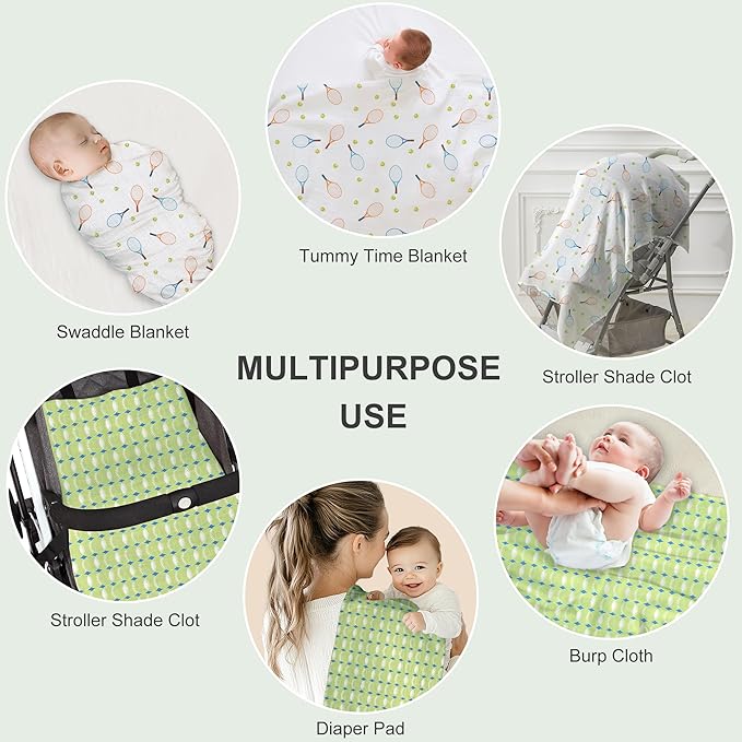 70% Rayon Made from Bamboo 30% Cotton Muslin Swaddle Blanket, 47 x 47 Inches, Tennis Print Baby Receiving Blanket, Soft and Breathable, Unisex, 2 Pack
