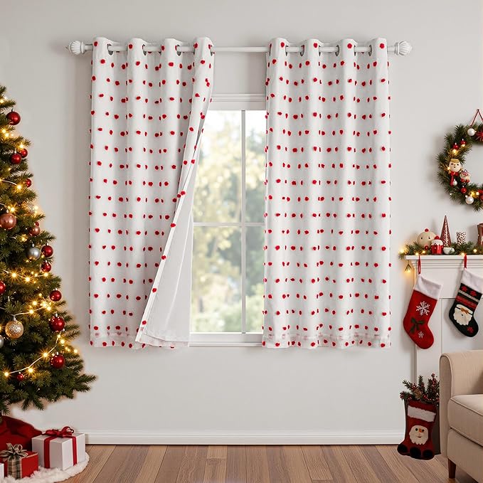 MYSKY HOME Blackout Curtains for Girls Bedroom 63 Inch Long Red Pom Pom Curtains for Kids Room 2 Panels 100% Room Darkening Window Treatment 2 Layered Drapes Toddler Grommet 52W x 63L