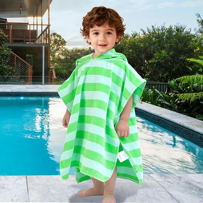 Toddler Poncho Towels with Hood, Oversized (2-4Years,22"X22") Made from 100% Soft Cotton,Absorbent Hooded Towels for Baby Boys,Perfect for Pool | Swimming | Bath | Beach,Green Bar Stripe
