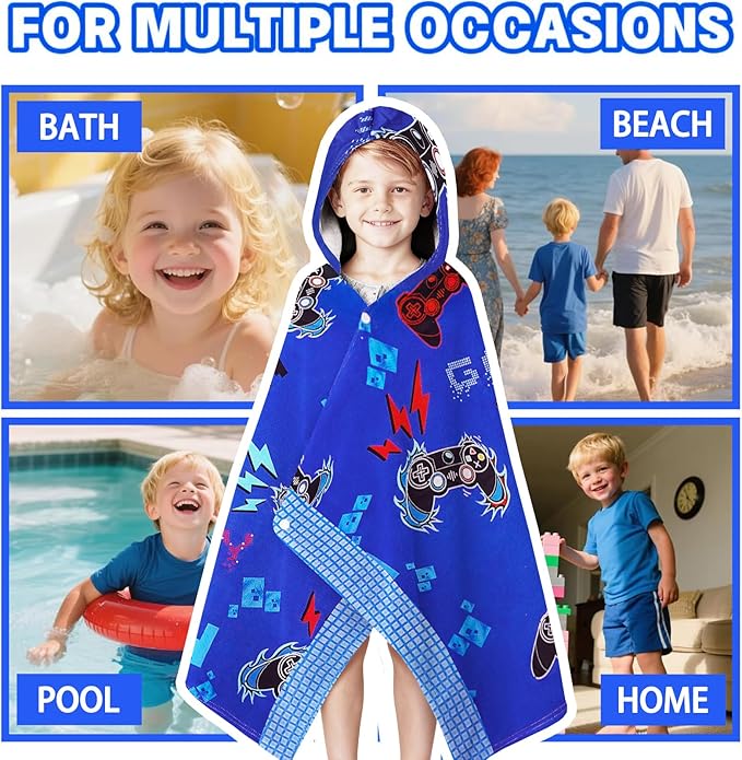 Hooded Beach Towel for Kids 3-10 Years- Soft Thick Cotton Video Gaming Gamepad Toddler Hood Bath Towels/Pool Terry Towel Poncho Wrap Absorbent Cute Bath & Swim Wrap for Boys & Girls-Blue