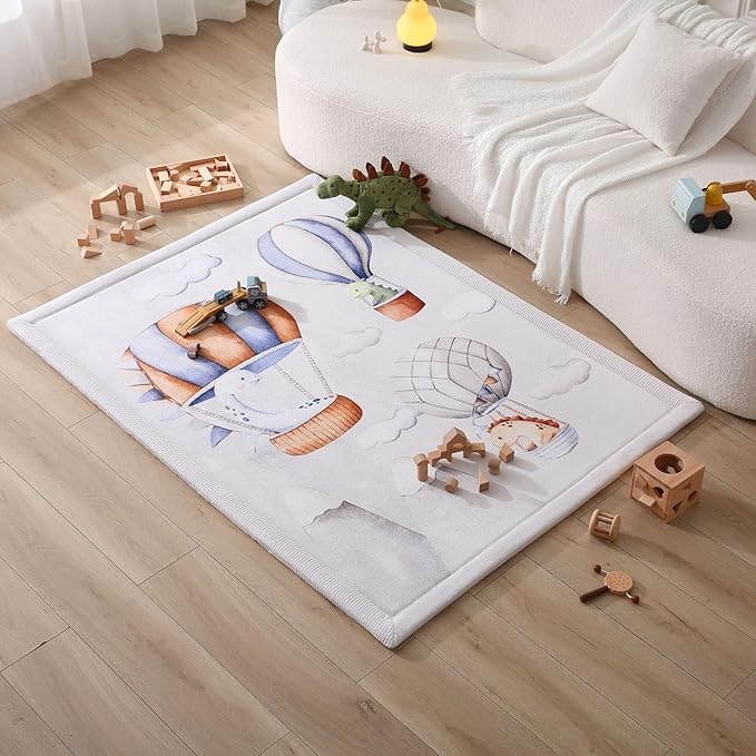 Hakuna Matte CloudSoft Baby Play Mat for Floor 47 x 67 Dinosaur Balloons – Coral Velvet Memory Foam Rug for Crawling Cozy Play – Non-Slip, Water-Resistant, Easy-Care Tummy Time Mat Playmat for Playpen