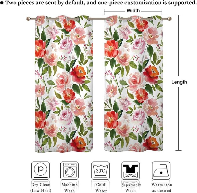 Renaiss Watercolor Flowers Curtains Rose Peony Floral Print Blackout Window Curtain Panels Thermal Insulated Grommet Top Window Curtains for Living Room Bedroom 42W x 63L Inch 2 Panel Set