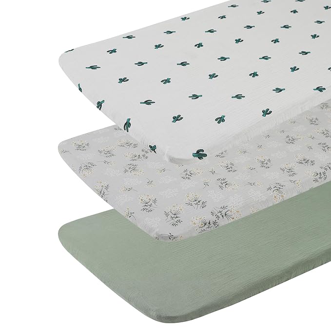Onacosht Muslin Bassinet Sheets 3 Pack, 100% Cotton Baby Fitted Sheet 33" x 19" Compatible with Mika Micky, KoolaBaby (3 in 1), BabyBond, HARPPA and RICUTON Bedside Bassinet, Green, Floral and Cactus