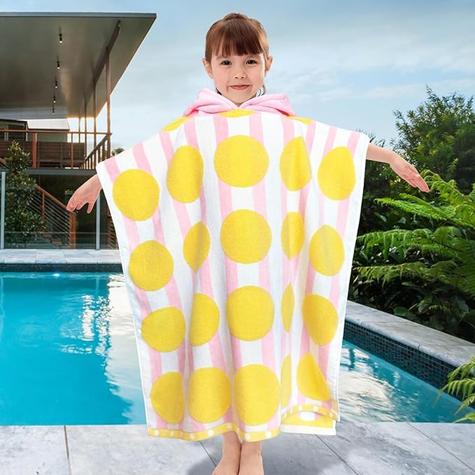 VOOVA & MOVAS Kids Poncho Towels with Hood (4-8Years), Absorbent Quick Dry Lightweight Hooded Beach Towel for Pool | Swim | Bath, Pink Strip Dot