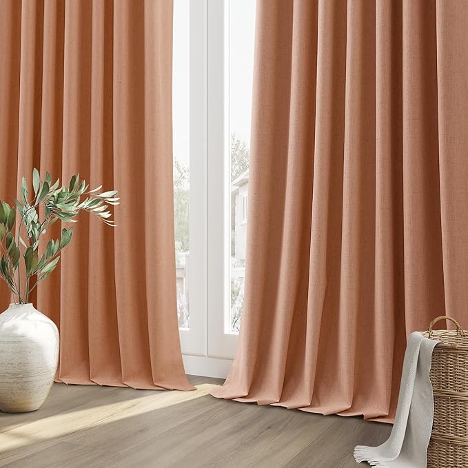 Guken 100% Blackout Curtains 108 Inch Length 2 Panels Set for Living Room Bedroom Back Tab Thermal Insulated Black Out Linen Drapes Room Darkening Peach Quartz,52x108