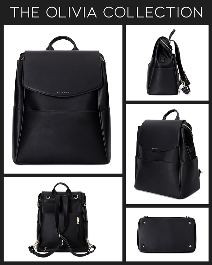 MIA + SOPHIA Leather Diaper Bag Backpack with USB Charging port, Changing Pad, Stroller Straps (Black Olivia)