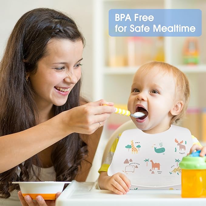 BEBE FAVOUR 2 Pack Silicone Baby Bibs Adjustable Fit Waterproof Bib With Leak Proof Food Pouch Catcher for Eating Boys Girls
