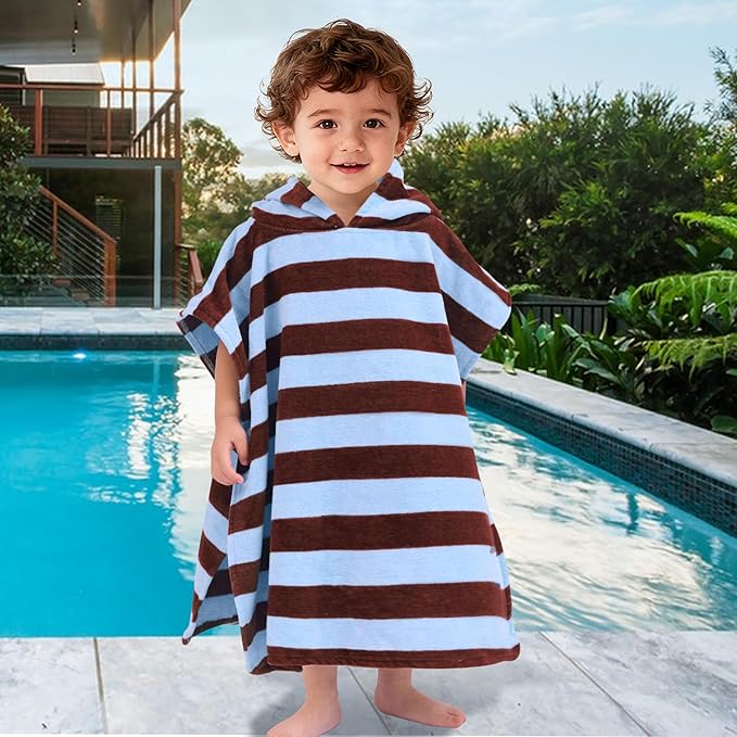 Toddler Bath Towels with Hood, Oversized (2-4Years,22"X22") Made from 100% Soft Cotton,Absorbent Hooded Poncho Towel for Baby Boy,Perfect for Pool | Swimming | Bath | Beach,Brown Blue Stripe