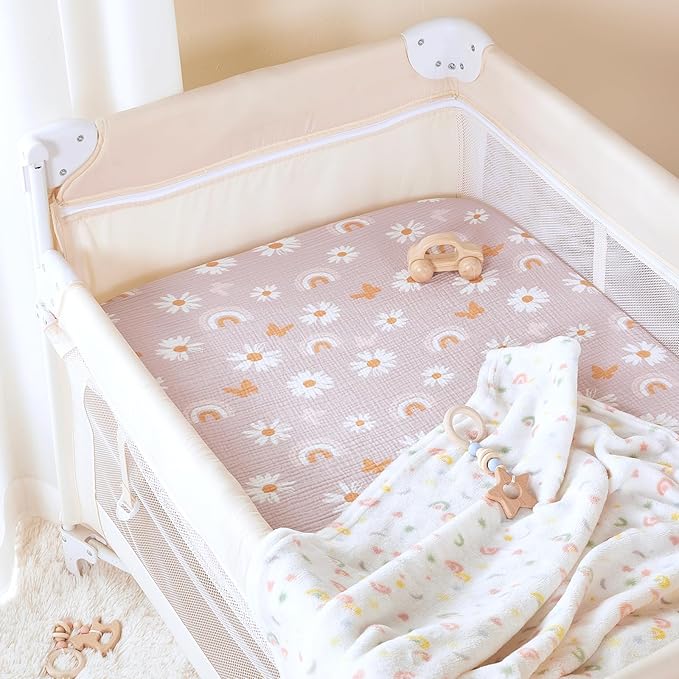 TILLYOU Muslin Mini Crib Sheets 2 Pack, Pack and Play Mattress Sheets Fitted for Pack N Play, 38 x 26 Sheet for Toddler, Pink Butterfly