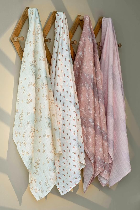 Muslin Swaddle Blankets for Newborn, 4 Pack Cotton Baby Blankets for Girls, Large 31.5 x 43.3 Breathable Soft Receiving Blanket, Essentials Swaddle Wrap Burping Clothes, Flowers