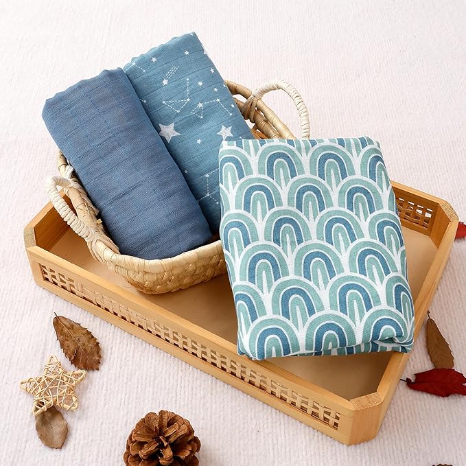Happy Flute 3 Set Muslin Swaddle Blankets,Essential Baby&Newborn Swaddling,Perfect for Boys&Girls,Receiving Blankets,Nursing,Stroller Cover,Large 47.2x43.3 inches Swaddle Wrap Burping Clothes. (Blue)
