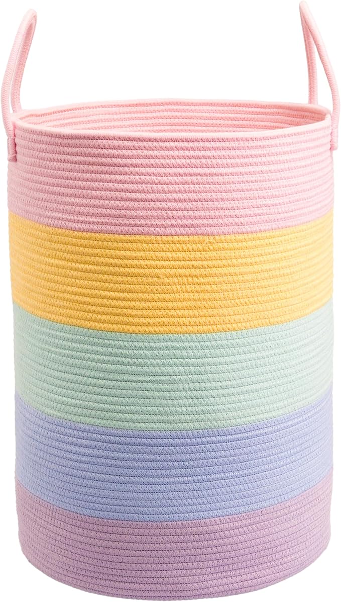 Rope Laundry Basket Hamper for Kids Girl Woven Storage Basket for Living Room Bedroom Boho Tall Baskets for Blanket Toys Pillow Towels Baby Nursery Hamper Bin rainbow Large