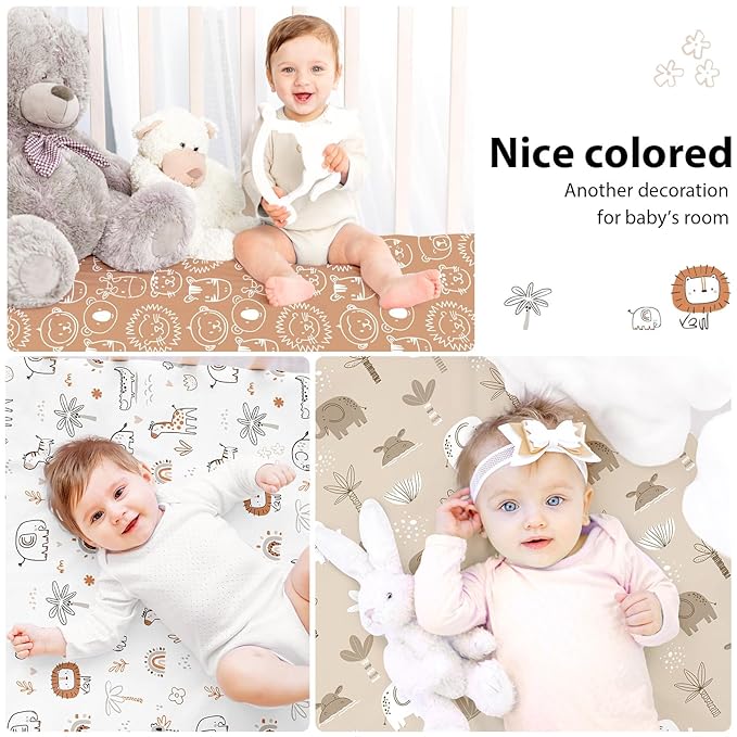 Baby Mini Crib Sheets Boy, Portable 38”x26” Pack and Play Sheets Fitted for Playard and Pack N Play Mattress, 3-Pack Soft Microfiber Orange Animal World