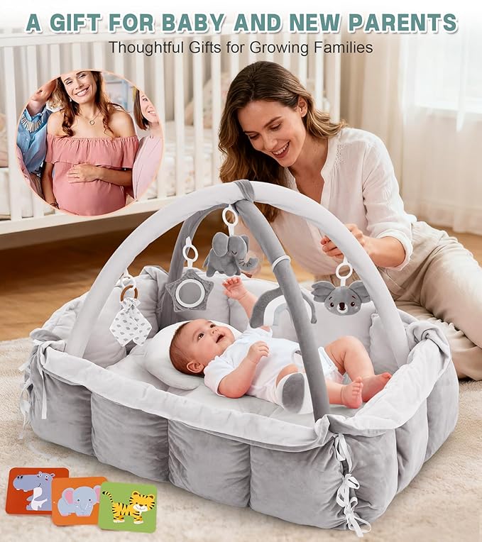 5-in-1 Baby Play Gym and Tummy Time Mat, Tummy Time Pillow & 12 Learning Cards, Plush Activity Mat with 6 Toys, Baby Gym, Convertible to Ball Pit, Baby Gift, Grey