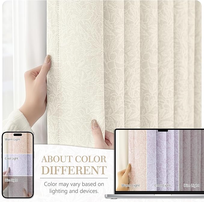 Metro Parlor Cream Floral Blackout Curtains 84 Inches Long for Bedroom, Jacquard Farmhouse French Vintage Flower Curtains for Living Room Darkening Thermal Insulated Grommet Window Drapes, 2 Panels