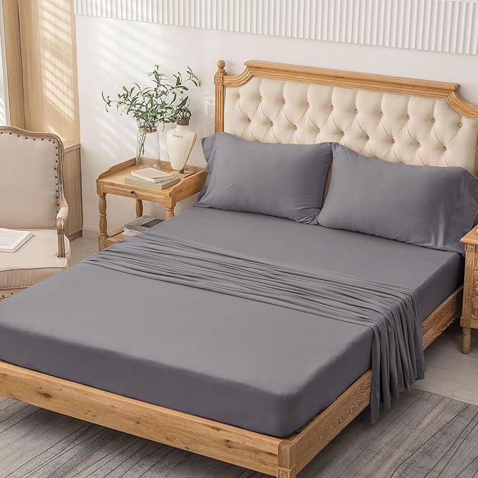 PURE ERA Jersey Knit 4pc Bed Sheet Set 100% T-Shirt Cotton Super Soft Comfy Breathable Fits Mattress Up to 20" Extra Deep Pocket (Solid Grey Purple, King)