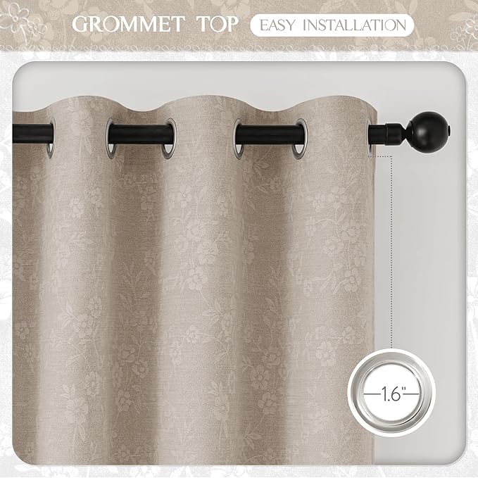 Beauoop Beige Floral Jacquard Blackout Curtains 96 Inches Long 2 Panels for Living Room Bedroom Chenille Flower Room Darkening Thermal Insulated Soundproof Grommet Window Drapes, 52x96 Set of 2