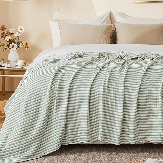 EMME Cotton Muslin Twin XL Blanket Breathable Gauze Soft Lightweight Adults Gifts for Women (Striped Sage Green, 66"x90")
