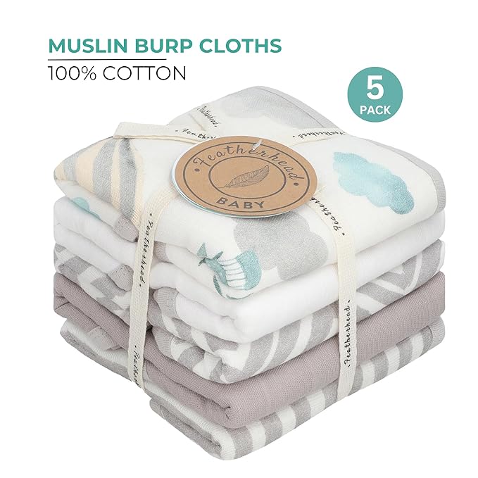 Featherhead 5 Pack Muslin Baby Burp Cloths for Boys & Girls, 22" X 11", Premium Cotton Muslin and Terry Spit up Rags, Super Soft and Absorbent (Green Hot Air Balloons)