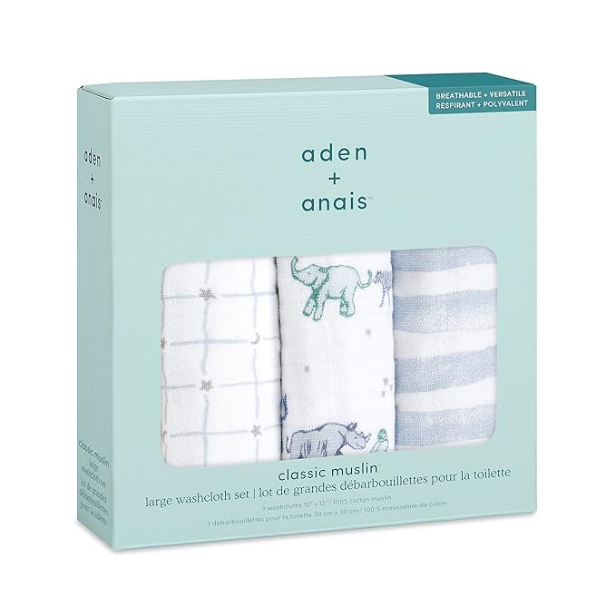 aden + anais Boutique Oversized Washcloth 3-Pack, Super Soft 100% Cotton Muslin, Gentle on Skin, 3 Absorbent 12x12 Layers, Softer with Every Use, Perfect for Babies, Infants, Toddlers, Rising Star